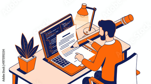 Bearded software developer using a laptop while holding a giant pencil to edit technical documentation at his desk, concept for content creation, programming services and technical writing