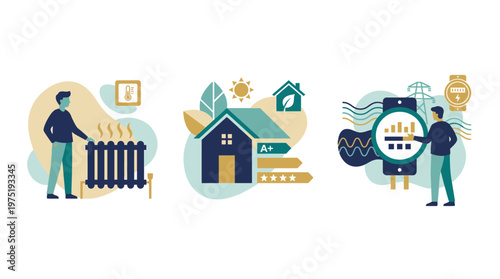 Energy efficiency consultant analyzing residential heating systems and green home rating labels, concept for sustainable architecture, utility cost management and environmental conservation