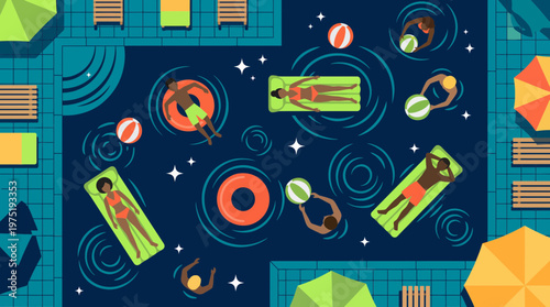 Flat illustration top view of project managers and executives relaxing on colorful floats in a luxury swimming pool, concept for work life balance, corporate retreat and summer vacation