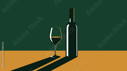 Minimalist illustration of a sleek wine bottle and filled glass with long dramatic shadows on a two-tone background, concept for restaurant menu design, luxury winery branding and advertising