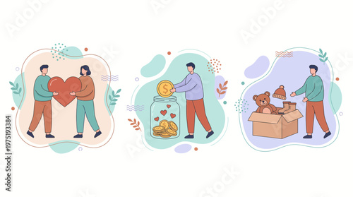 office managers and community leaders participating in charity works by sharing love and donating money or toys, concept for corporate social responsibility, humanitarian aid and non-profit