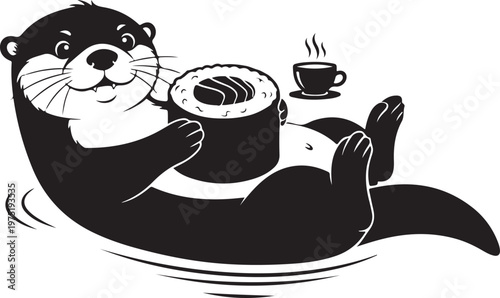 Otter enjoying coffee and pastry on water Vector, illustration