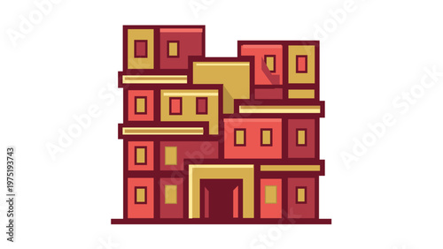 Vivid flat minimalist vector icon illustration of a dense urban housing complex or favela, representing property management, real estate development, and urban density with red and gold buildings.