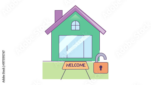 Flat vector icon illustration of a green house with a purple roof, a welcome mat, and an open padlock, representing real estate investment, property security, and home ownership concepts.