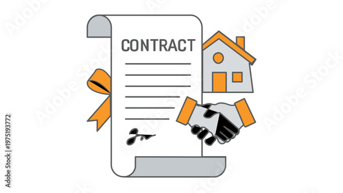 Professional real estate contract vector icon illustration showing a legal document, house, and handshake, ideal for property sales, home buying agreements, and mortgage business concepts.