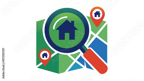 Real Estate Property Search Vector Icon Illustration Featuring a Magnifying Glass Over a House on a Map with Location Pins, Ideal for Housing Market, Property Tax, and Home Buying Concepts.