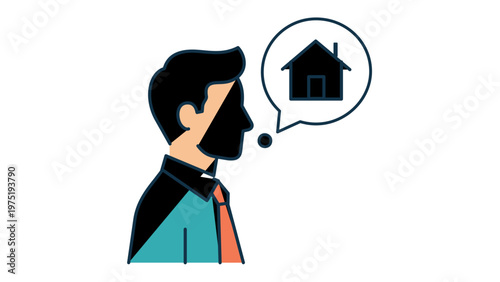 Flat vector illustration of a professional real estate agent or man thinking about buying a home, featuring a speech bubble with a house icon, ideal for property business and mortgage concepts.