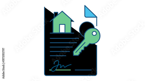 Real estate contract vector icon illustration featuring a house symbol, signed legal document, and a house key, perfect for property sales, rental agreements, mortgage, and home ownership.