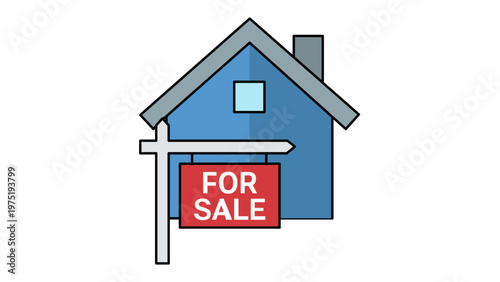 Real estate house for sale vector icon illustration. Blue residential building with a red sign board. Minimalist flat design for property market, housing industry, and residential sales.