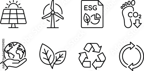A collection of eco-friendly icons representing sustainable practices and environmental conservation