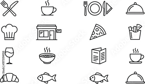 A set of black and white food icons on a clean white background for culinary design