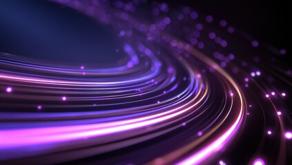 3d render, abstract background with neon glowing lines in a spiral motion on a dark purple backdrop glowing dots and stripes create a sense of speed or time travel Generative AI