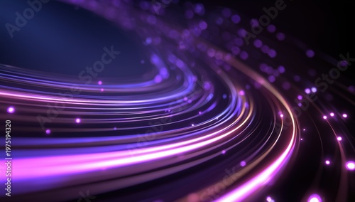 3d render, abstract background with neon glowing lines in a spiral motion on a dark purple backdrop glowing dots and stripes create a sense of speed or time travel Generative AI