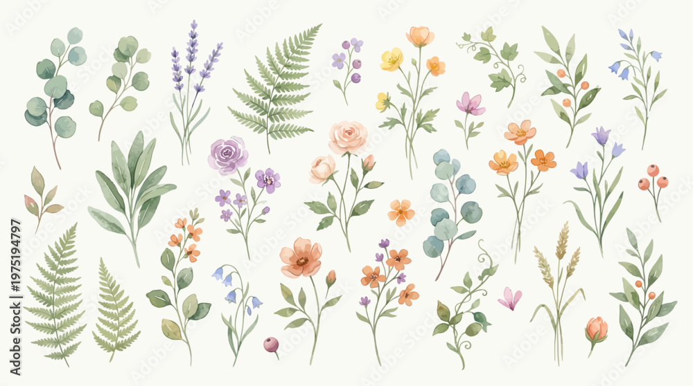 Fototapeta premium This elegant watercolor floral illustration set showcases beautifully detailed flowers and botanical elements arranged in natural garden compositions.