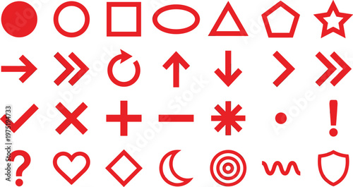 A collection of various red geometric shapes and symbols on a white background