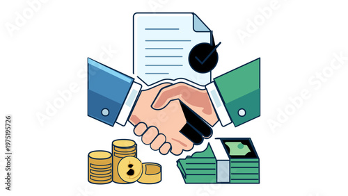 Business handshake vector illustration with signed contract, gold coins, and cash bills representing a pension plan, insurance policy, financial agreement, or retirement savings investment.