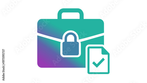 Business insurance quote vector icon illustration featuring a gradient briefcase with a security padlock and a verified document checkmark, symbolizing professional protection and policy approval.