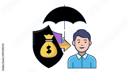 Pension plan and financial security vector icon illustration featuring a man protected by an umbrella and a shield with a money bag, symbolizing retirement savings, insurance, and investment.