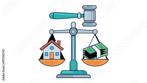 Flat vector icon of a justice scale balancing a home and cash with a gavel, symbolizing property law, real estate appraisal, divorce settlement, mortgage insurance, and financial justice.