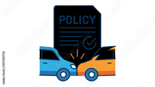 Car insurance policy vector illustration featuring two vehicles in a head-on collision with a document and checkmark icon. Flat minimalist graphic for automotive accident coverage and claims.