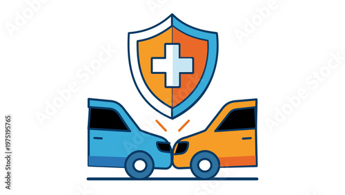 Vector illustration of car insurance icon showing two cars in a collision with a protective medical shield above, representing vehicle accident coverage, health protection, and safety policy.