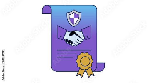 Professional vector illustration of an insurance policy or legal contract document with a handshake icon, protective shield symbol, and gold seal, representing trust, security, and agreement.