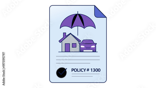 Insurance policy document vector illustration featuring a protective blue umbrella over a house and car, representing comprehensive home and auto coverage, security, and financial protection.