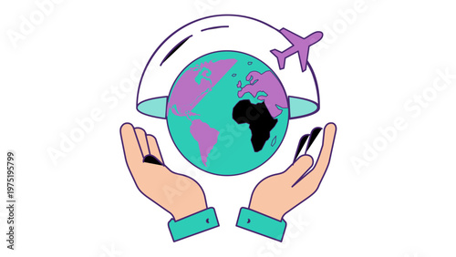 Vector illustration of a global travel insurance icon with hands holding the earth under a protective dome and an airplane, representing worldwide safety, security, and trip coverage services.