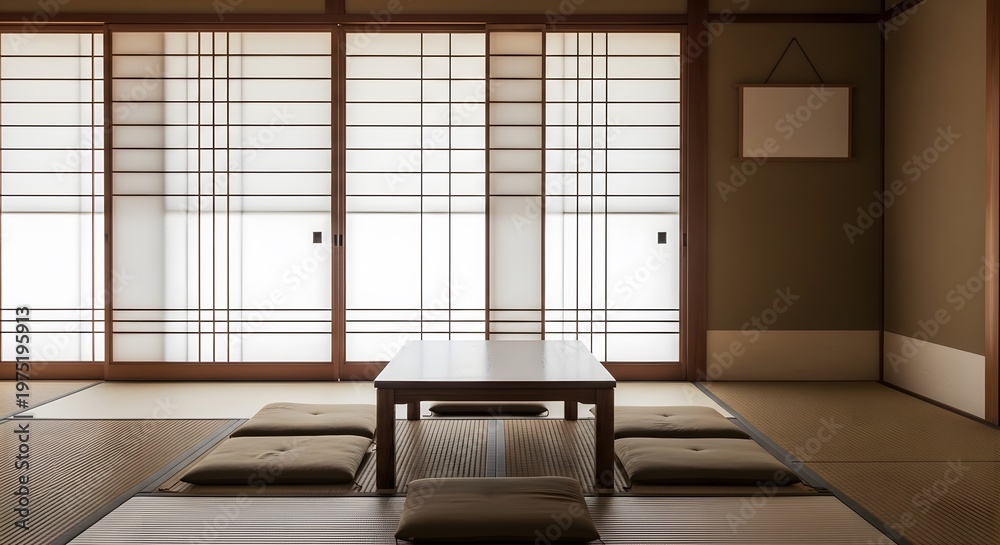 Fototapeta premium Japanese Tea Room Interior with Tatami Mats and Shoji Screens