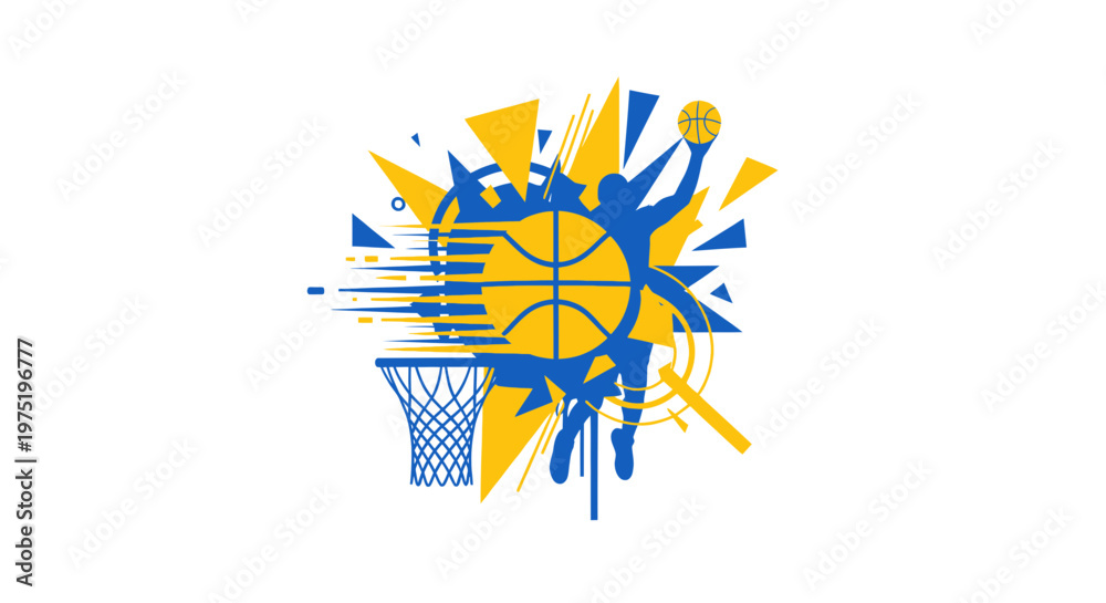Εκτύπωση καμβά Dynamic Basketball Player Dunking with Abstract Geometric Shapes and Hoop
