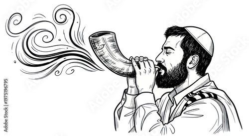 Photos Man in kippah blowing a shofar horn, Rosh Hashanah, Jewish tradition, black and