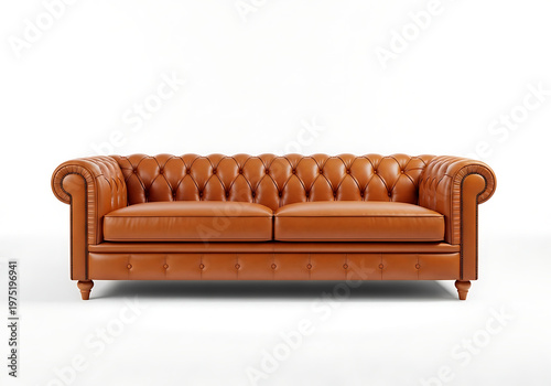 Classic brown leather chesterfield sofa, plush tufted design, elegant furniture for a sophisticated living room