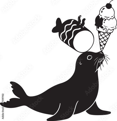 A seal is holding an ice cream and a fish Vector, illustration
