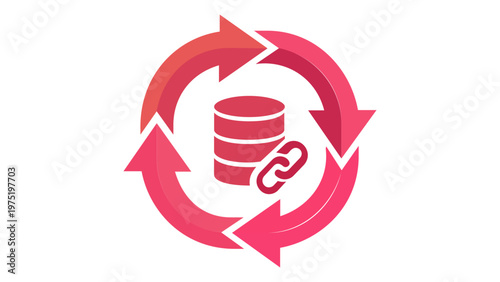 Red gradient vector icon illustration of a database cylinder with a chain link symbol inside a circular arrow loop, representing cloud hosting, SaaS platform, data sync, and connectivity.