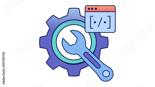 Vector icon illustration of a gear, wrench, and code window representing software development, SaaS platform maintenance, technical configuration, system optimization, and programming tools.