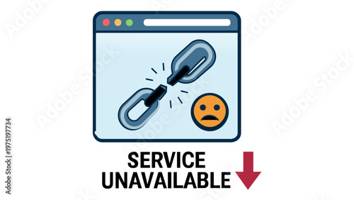 Flat vector illustration of a browser window showing a broken link and sad emoji, representing service unavailable, 404 error, server downtime, or connection failure for a SaaS platform.