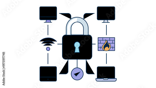 SaaS security vector icon illustration featuring a central padlock connected to computer monitors, Wi-Fi, firewall, and checkmark, representing cloud data protection and network safety systems.