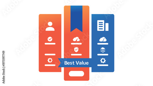 Vector illustration of SaaS platform pricing plans and subscription tiers featuring colorful panels with icons for users, cloud storage, security, and enterprise services with a best value banner.