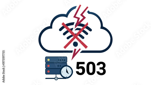 Professional 503 Service Unavailable Error Vector Illustration Icon for SaaS Platforms, Featuring a Cloud with Crossed-Out Wi-Fi Signal, Lightning Bolt, Server Rack, and Clock Graphic.