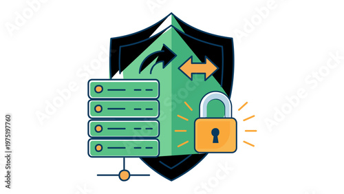 SaaS security vector icon illustration with a green shield, server rack, and yellow padlock representing data protection, cloud computing safety, network privacy, and secure information transfer.