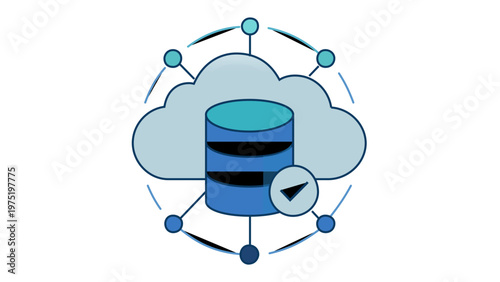 Scalable vector icon illustration of a cloud computing database with a checkmark, representing secure SaaS platform software integration, data storage, and network connectivity for technology.