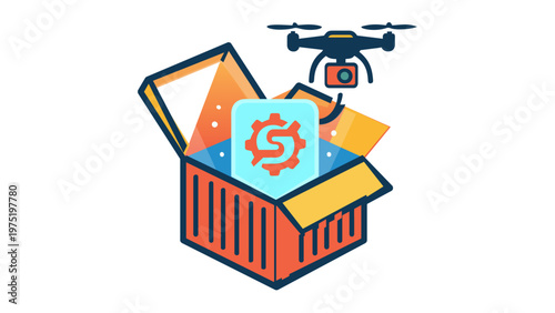 SaaS platform software update vector illustration featuring an open cardboard box with a glowing digital screen showing a gear icon and a delivery drone hovering above for tech service.