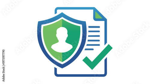 Vector icon illustration of a secure user subscription model for SaaS platforms, featuring a document with a protective shield, person silhouette, and green checkmark for verified access.