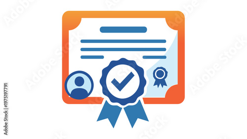 Professional vector icon illustration of a digital certificate or subscription license for a SaaS platform, featuring a blue checkmark seal, user profile icon, and orange gradient border design.