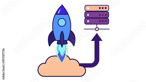 Modern flat vector illustration of a rocket ship launching from a cloud connected to a server rack icon, symbolizing SaaS platform deployment, software updates, cloud hosting, and tech startup growth.