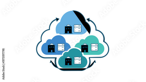 Multi-tenant SaaS cloud architecture vector icon illustration featuring multiple client environments with server and building symbols inside a large cloud, representing scalable software.