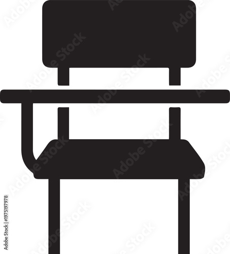 A solid black silhouette icon of a single student desk chair with an attached writing tablet arm, symbolizing education, learning, and academic settings.