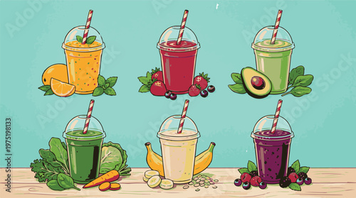 This vibrant collection features six distinct, healthy fruit and vegetable smoothies in clear cups with straws, each surrounded by its fresh, natural ingredients on a light wooden surface.