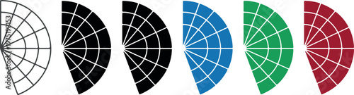 A progression of six identical half-circle radar-like grid patterns, starting with a simple outline and advancing to solid black, then vibrant blue, green, and red variations.
