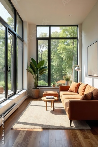 Sunlit Living Room with Modern Sofa and Abundant Natural Light Streaming Through Large Windows